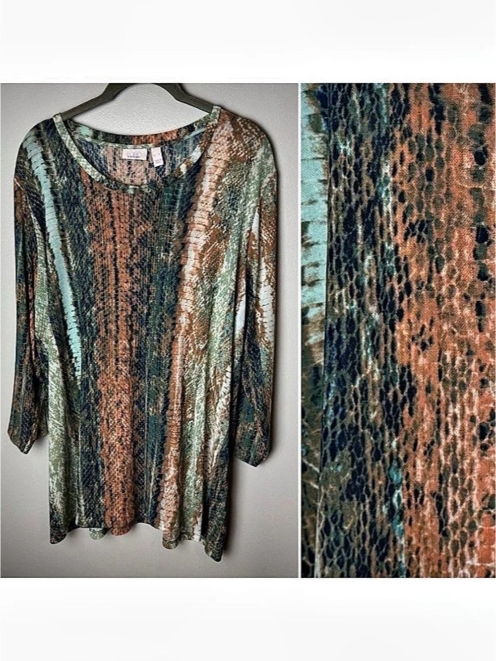 LOGO Lori Goldstein Tunic Top Size XL Abstract Snakeskin Animal Print 3/4 Sleeve